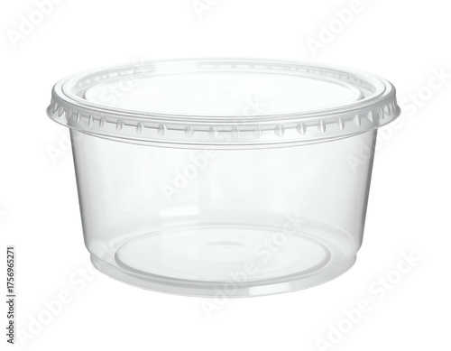 A transparent, round plastic container with a tightly fitting lid on a plain black background