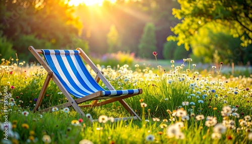Fototapeta Naklejka Na Ścianę i Meble -  Sunny scene with a striped chair in a field of wildflowers