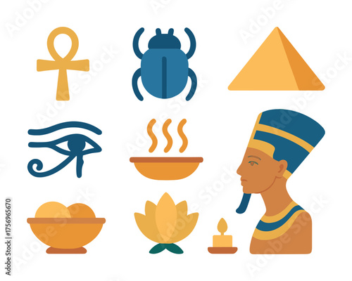 Vector Ancient egyptian symbols collection: scarab, ankh, pyramid, eye of horus, nefertiti