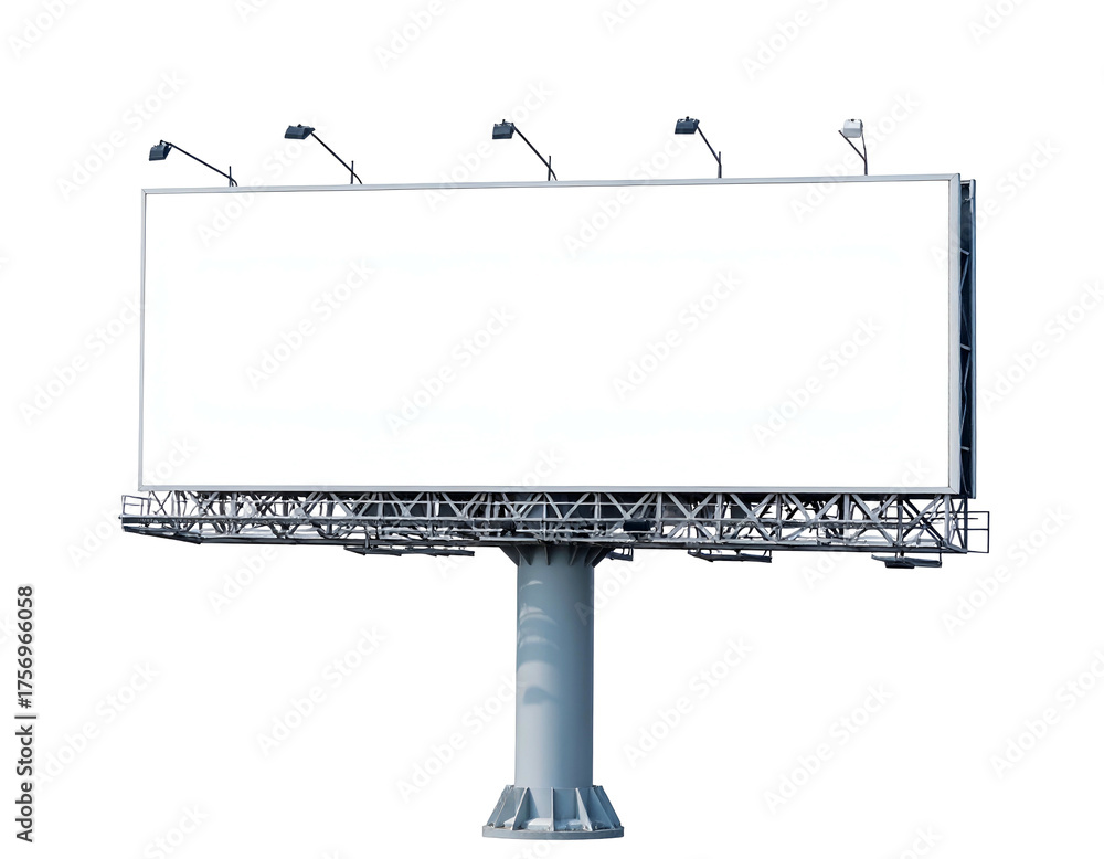 Obraz premium A large rectangular sign, supported by pillars, with lights atop, isolated against black