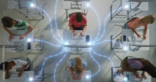 Group of Schoolchildren Intensely Working on Desktop Computers, Linked by Glowing Digital Connections. Kids Engagement in Collaborative Tech Network, Digital Literacy and Future ready Skills.
