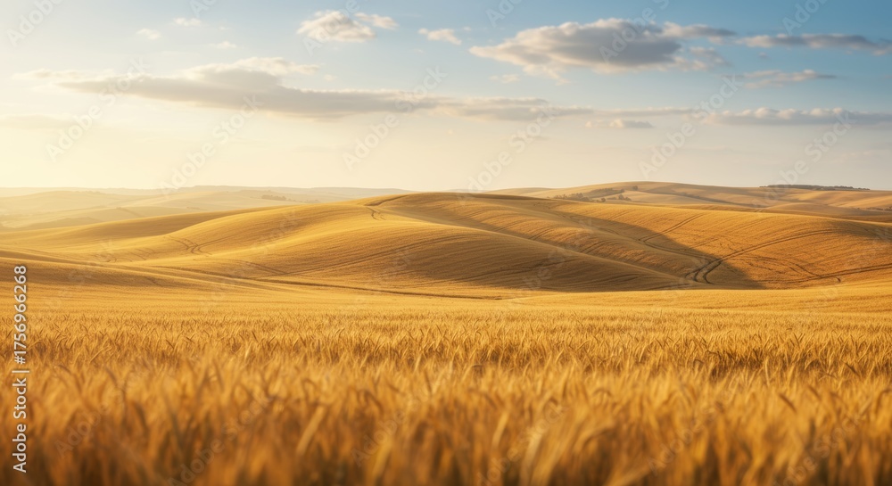 Obraz premium Serene golden wheat fields with rolling hills and a picturesque sky