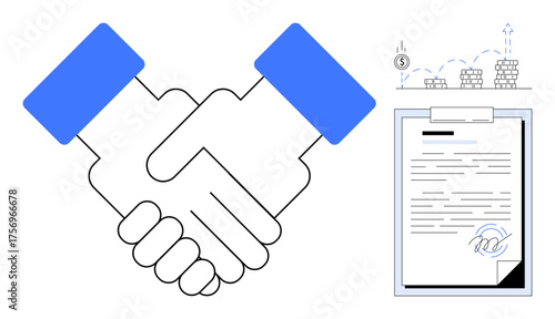 Handshake symbolizing agreement, signed document with stamp, and rising arrow with coins. Ideal for business deal, partnership, collaboration, growth, legal contract trust teamwork. Simple flat