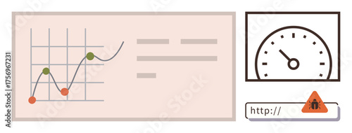 Line graph with data points, speedometer gauge assessing performance, phishing warning on URL. Ideal for analytics, monitoring, risk management, productivity, security, technology simple flat