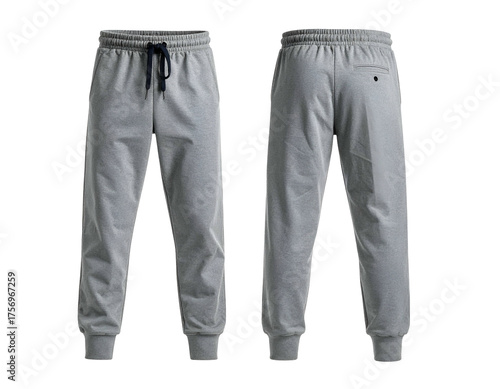 Two views of gray sweatpants, front and back, against a black background