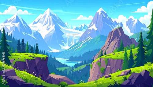 Fototapeta Naklejka Na Ścianę i Meble -  Lush green meadow with majestic snow-capped mountains and pines