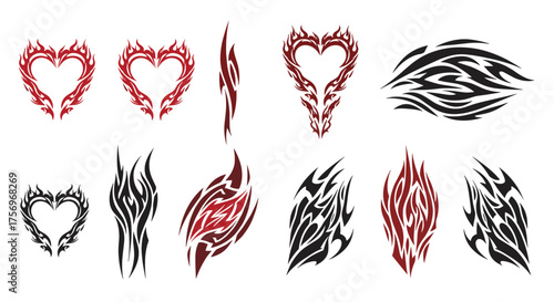 Collection of decorative flame and heart tribal tattoo designs.