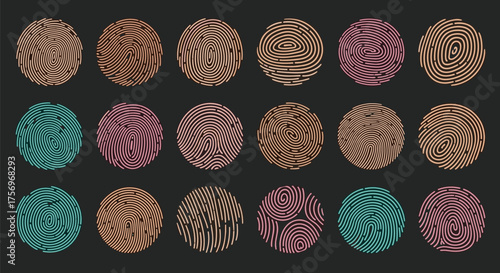 Abstract circular patterns with varied color palettes and textural effects arranged in a grid formation.