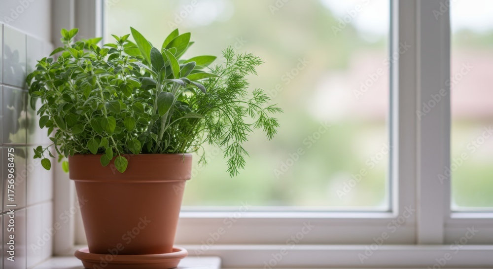 Fototapeta premium Fresh Herbs Growing in a Terracotta Pot by a Window with Natural Light