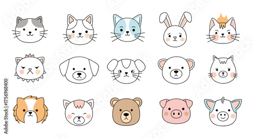 A charming collection of fifteen adorable hand-drawn animal faces.