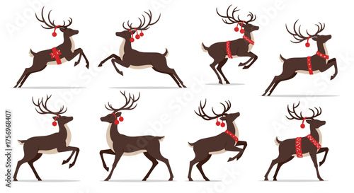 A collection of animated reindeer in various festive poses for holiday celebrations.