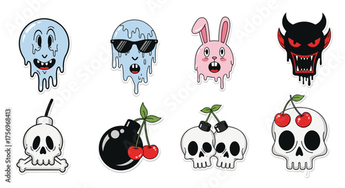 A collection of quirky and creepy cartoon icons featuring melting ghosts a bunny a devil skulls and bombs adorned with cherries.