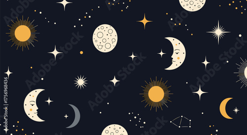 A celestial tapestry of stars moons and suns adorning the night sky with enchanting wonder.
