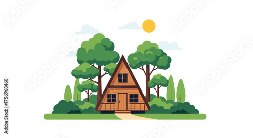 Cozy triangular cabin nestled amongst lush green trees on a sunny day.
