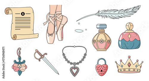 Collection of fantasy and fairytale inspired vector art elements including crown and sword.