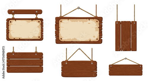 Collection of rustic wooden signs with weathered parchment banners suspended by ropes.