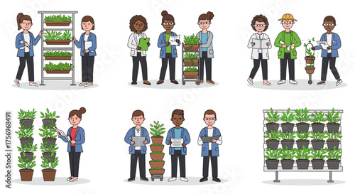 Diverse people tending to various vertical garden systems and potted plants.