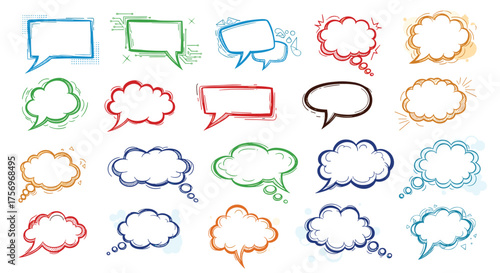 A diverse collection of hand drawn speech bubbles and thought clouds for communication ideas.