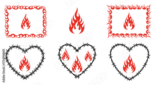 Fiery red flames and thorny heart designs for graphic resources.