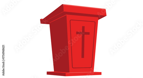 A red podium with a cross symbol is displayed against a white background.