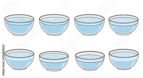 Eight Glass Bowls Filled with Clear Blue Liquid.