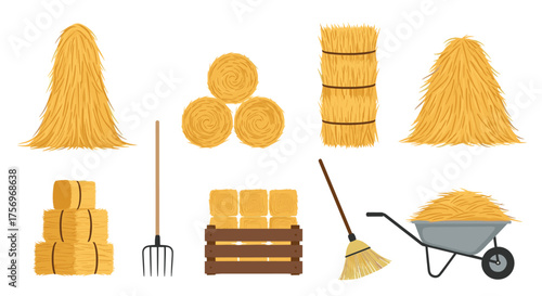 A collection of farm items including hay bales pitchfork broom and wheelbarrow.