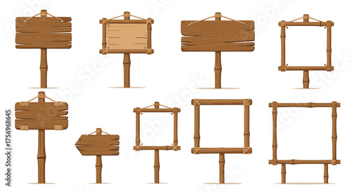 A collection of rustic wooden signposts with various shapes and sizes for displaying information.