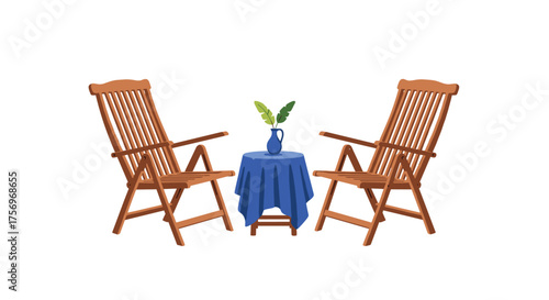Two wooden chairs and a small round table with a blue tablecloth and a vase of green leaves are arranged outdoors.