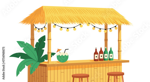 Tropical island beach bar with refreshing drinks and festive lights.