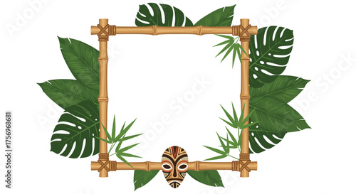Tropical jungle bamboo frame adorned with lush green leaves and tribal mask. Decorated border with exotic foliage and natural materials.