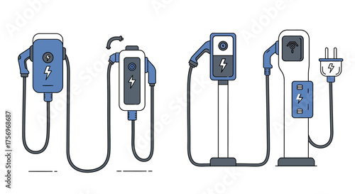 Electric Vehicle Charging Stations and Portable Chargers Illustration.