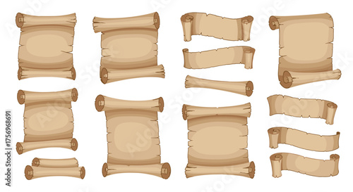 A collection of antique parchment scrolls and banners for design elements and storytelling.