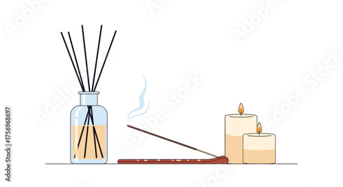 Aromatherapy diffuser with incense stick and candles creating a relaxing atmosphere.