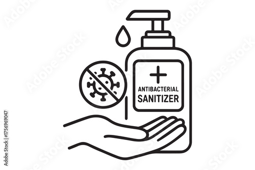 Hand sanitizer bottle with no virus sign and hand catching drop for hygiene and health protection