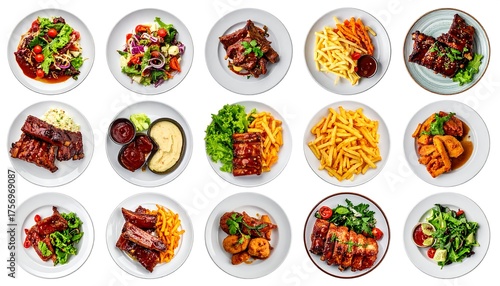 Overhead shot of various plates with a colorful array of food