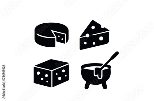 Vector Cheese icons: wheel, slice, cube, fondue pot silhouettes in black outline