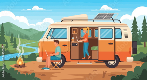 Digital nomads working remotely in camper van surrounded by mountains and river, outdoor travel lifestyle with laptop and campfire, adventure and freedom illustration
