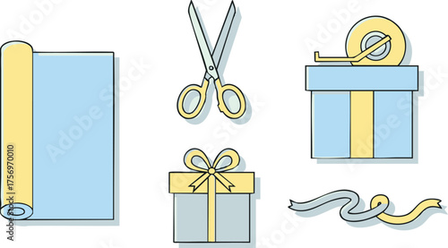 A vector illustration icon set of gift wrapping supplies including paper, scissors, tape, ribbon, and a present box for celebration designs