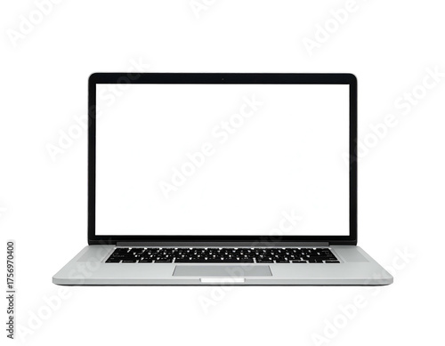 Front view of an open, metallic laptop with a blank white screen on a black background