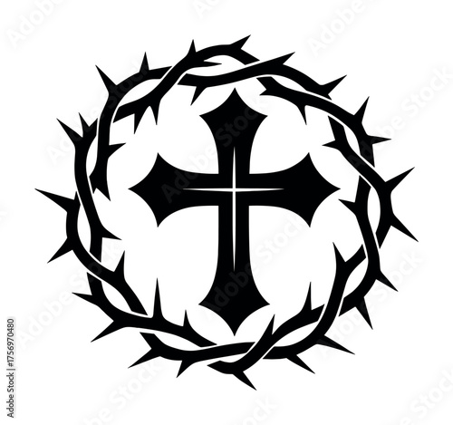 Vector Black cross with crown of thorns symbolizing faith and sacrifice