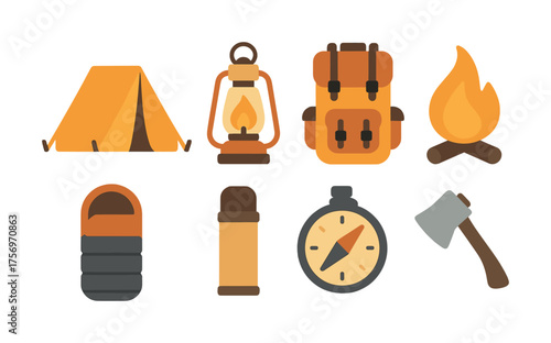 Vector Camping gear icons: tent, lantern, backpack, campfire, sleeping bag, thermos, compass, axe
