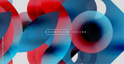 Abstract circles overlap, creating vibrant blue, red, white gradients. Modern design feels dynamic, energetic. Background text reads background design.