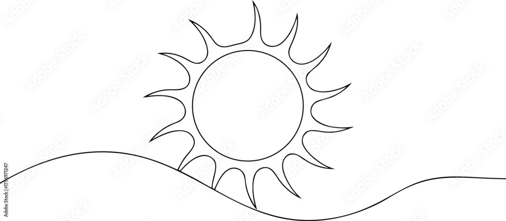 Obraz premium Black outline sun over rolling hills black and white