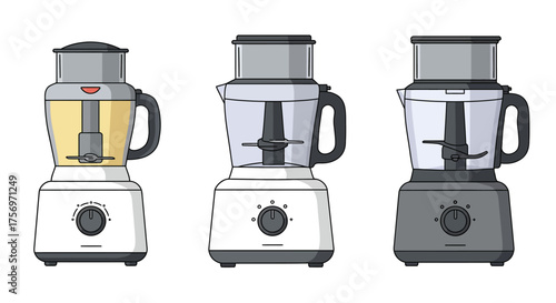 Three different food processors side by side on a white background.