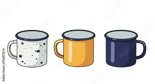 Three Enamel Camping Mugs In Different Colors And Patterns.