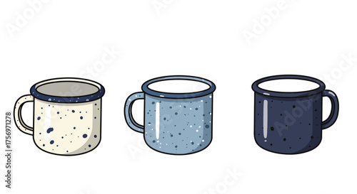 Three Enamel Mugs in Different Colors and Patterns.