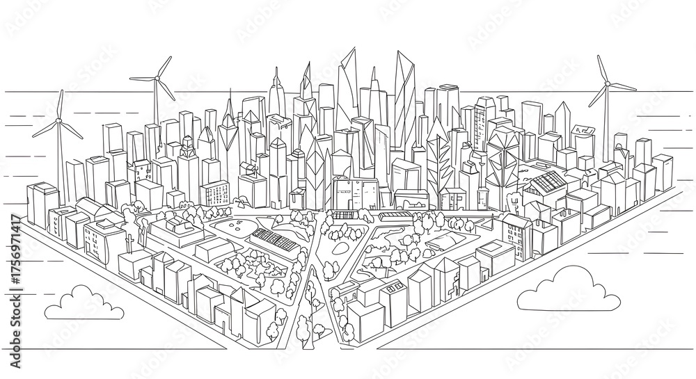 Obraz premium Line Drawing of Modern City Skyline with Wind Turbines and Green Spaces