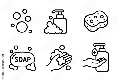 Vector Soap and handwashing icons: bubbles, dispenser, sponge, hygiene symbols