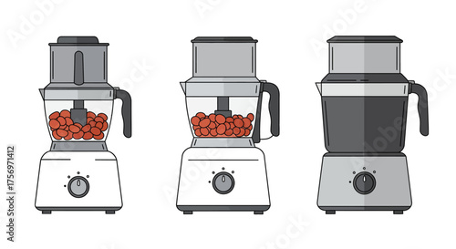 Three Modern Food Processors with Tomatoes Inside Kitchen Appliances Illustration.
