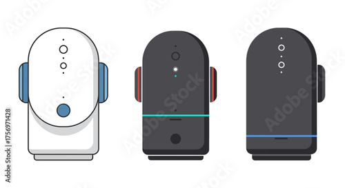 Three modern smart home devices in white black and dark gray.